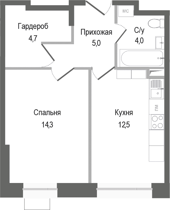 Планировка — Киноквартал, 1-комн., 41 м²