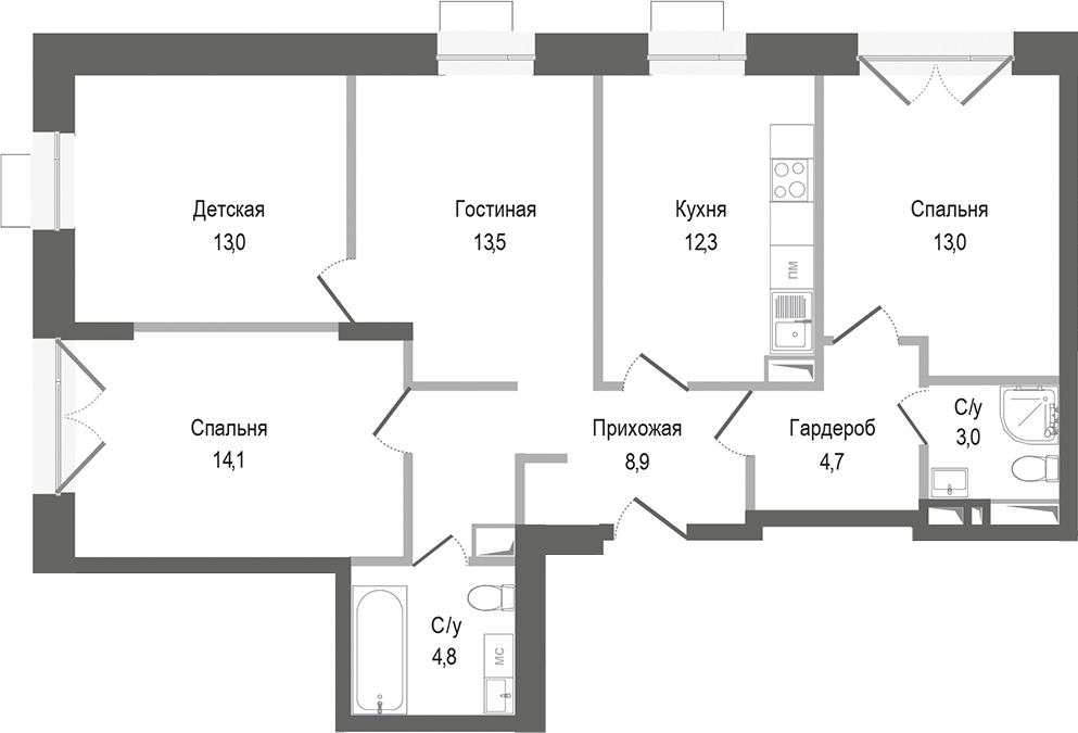 Планировка — Киноквартал, 4-комн., 87 м²