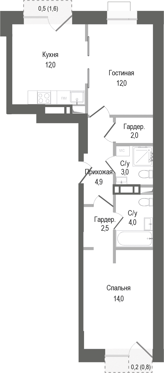 Планировка — Киноквартал, 2-комн., 54 м²