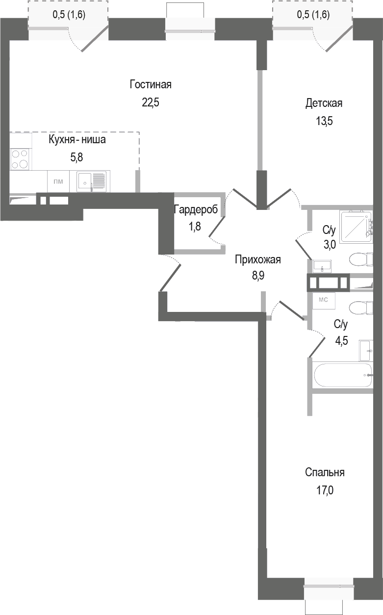 Планировка — Киноквартал, 3-комн., 77 м²