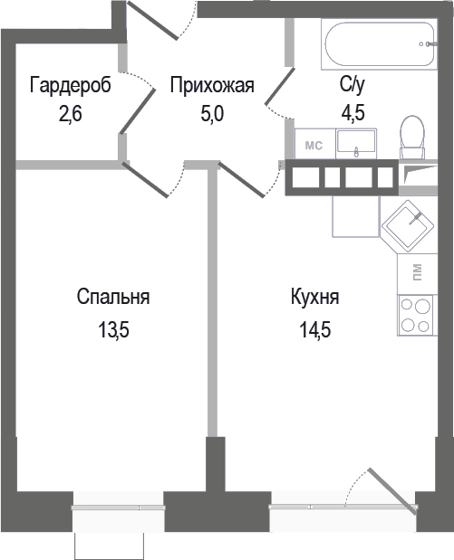 Планировка — Киноквартал, 1-комн., 40 м²