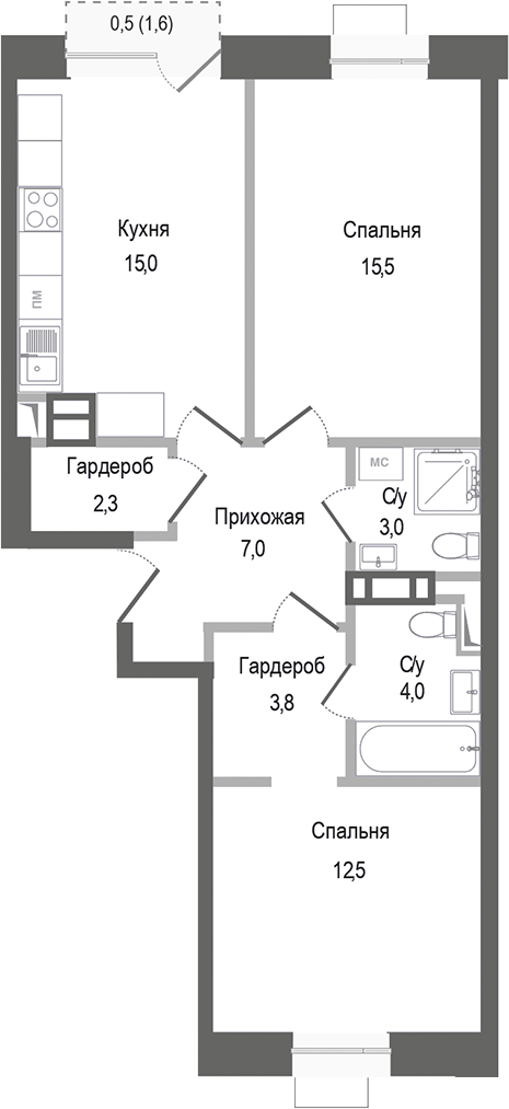 Планировка — Киноквартал, 2-комн., 63 м²