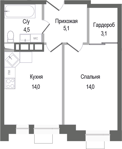 Планировка — Киноквартал, 1-комн., 41 м²