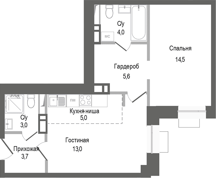 Планировка — Киноквартал, 2-комн., 49 м²