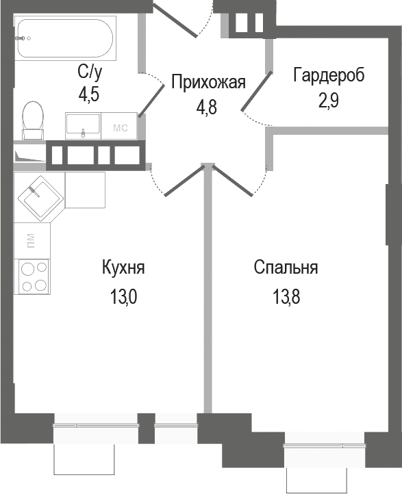Планировка — Киноквартал, 1-комн., 39 м²