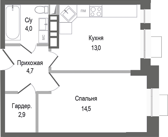 Планировка — Киноквартал, 1-комн., 39 м²