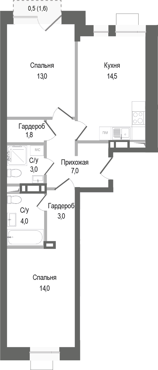Планировка — Киноквартал, 2-комн., 60 м²
