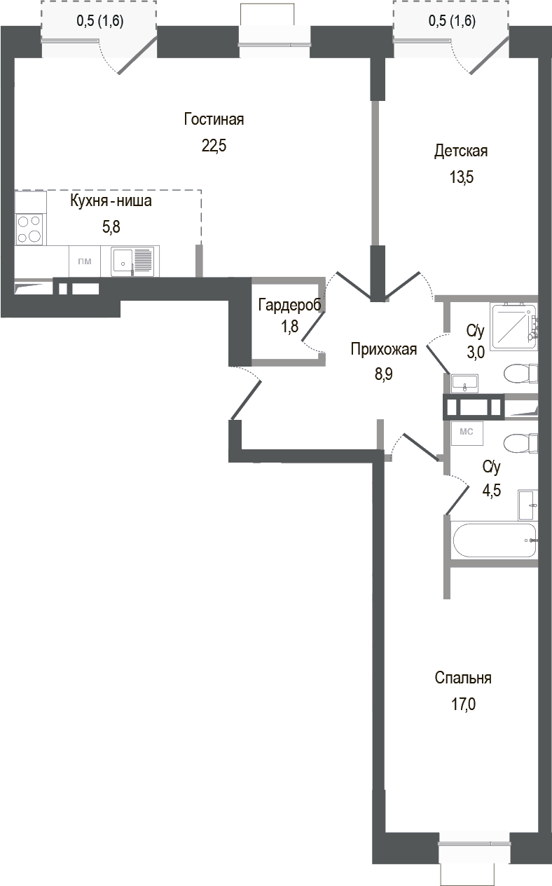Планировка — Киноквартал, 3-комн., 77 м²