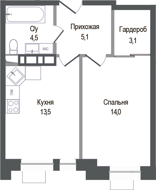 Планировка — Киноквартал, 1-комн., 40 м²