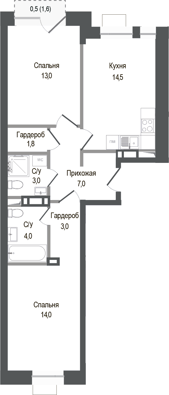 Планировка — Киноквартал, 2-комн., 60 м²