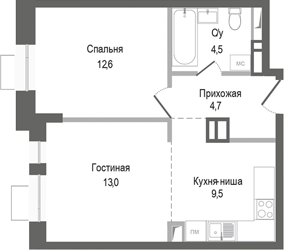 Планировка — Киноквартал, 2-комн., 44 м²