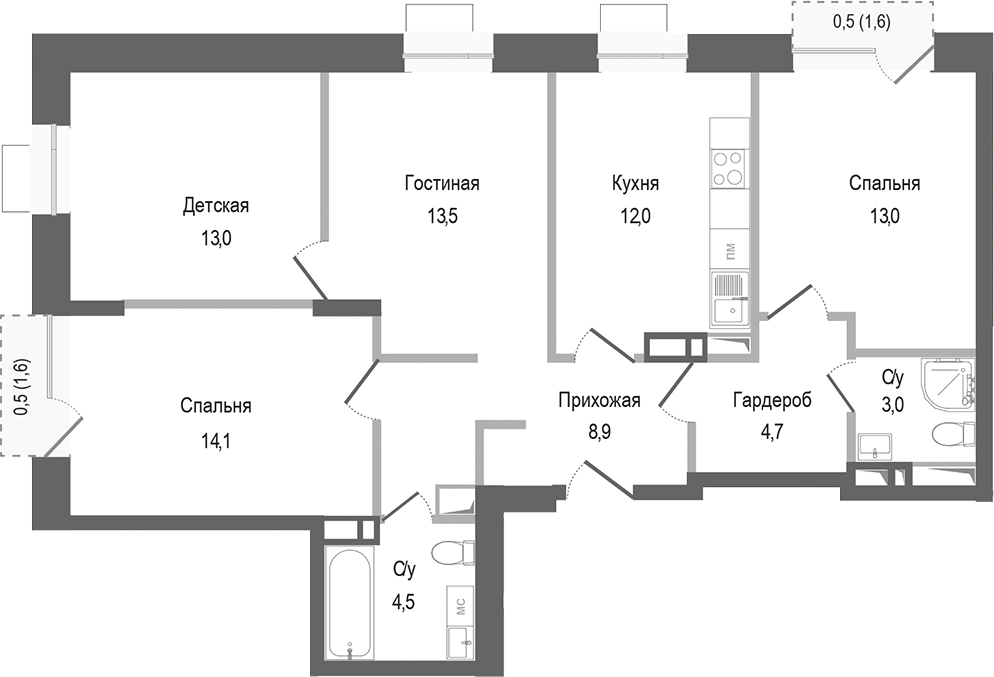 Планировка — Киноквартал, 4-комн., 87 м²