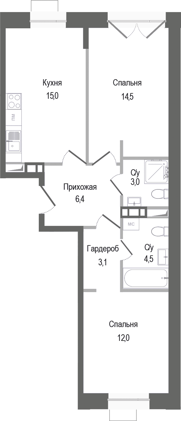 Планировка — Киноквартал, 2-комн., 59 м²