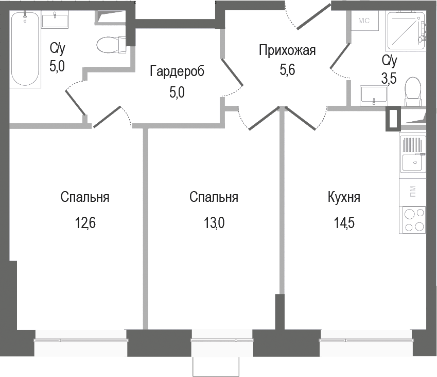 Планировка — Киноквартал, 2-комн., 59 м²