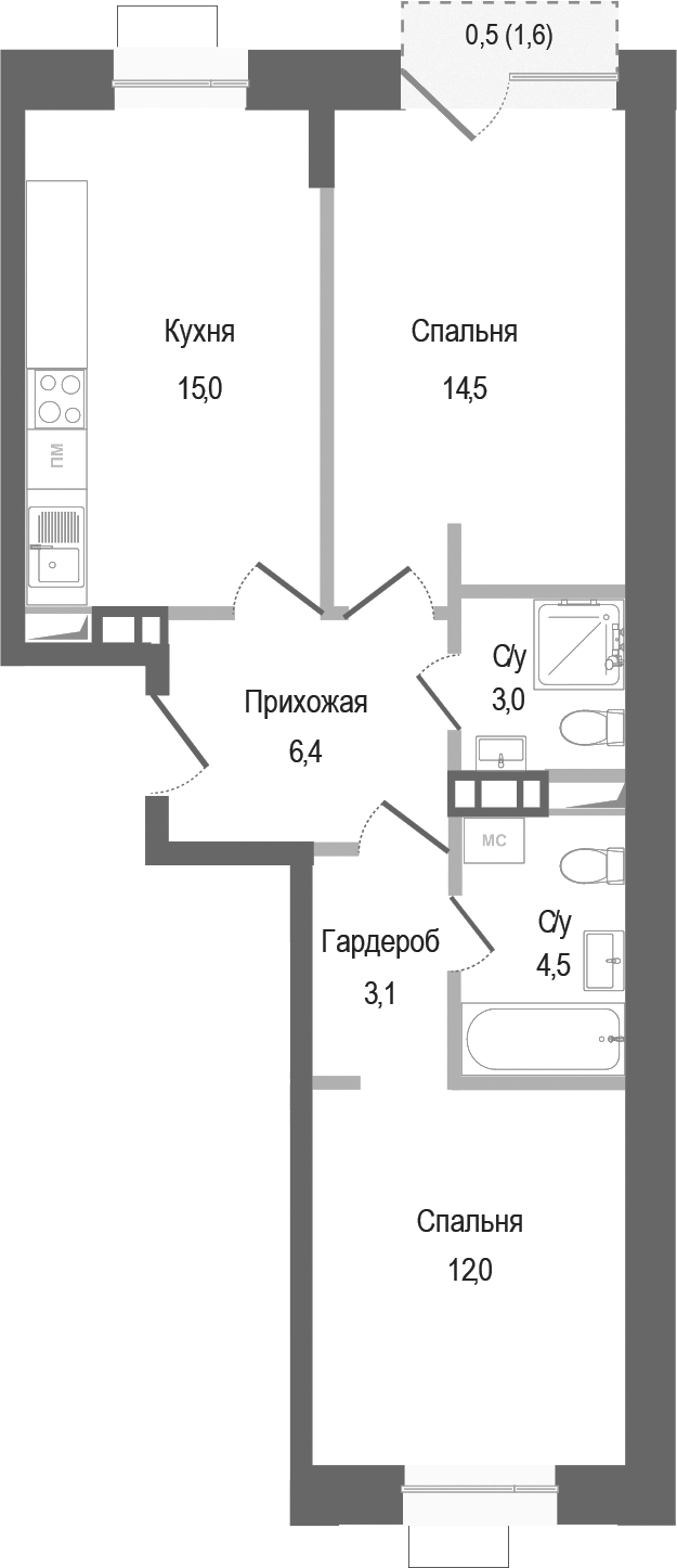 Планировка — Киноквартал, 2-комн., 59 м²