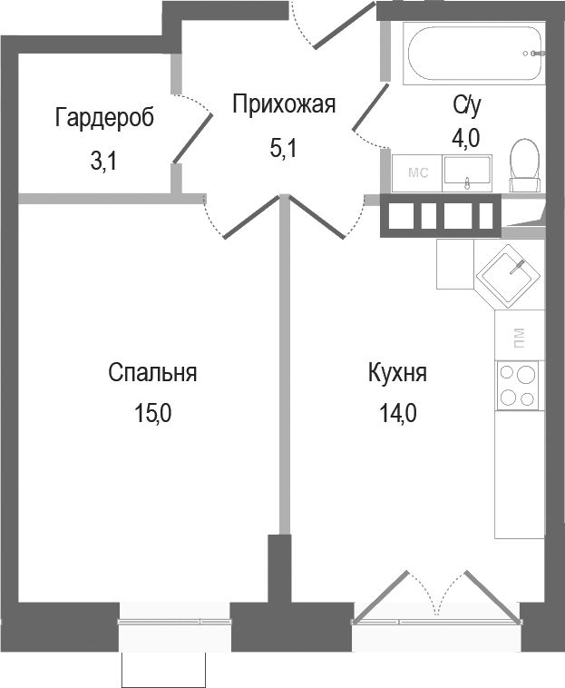 Планировка — Киноквартал, 1-комн., 41 м²