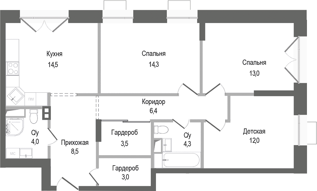 Планировка — Киноквартал, 3-комн., 84 м²