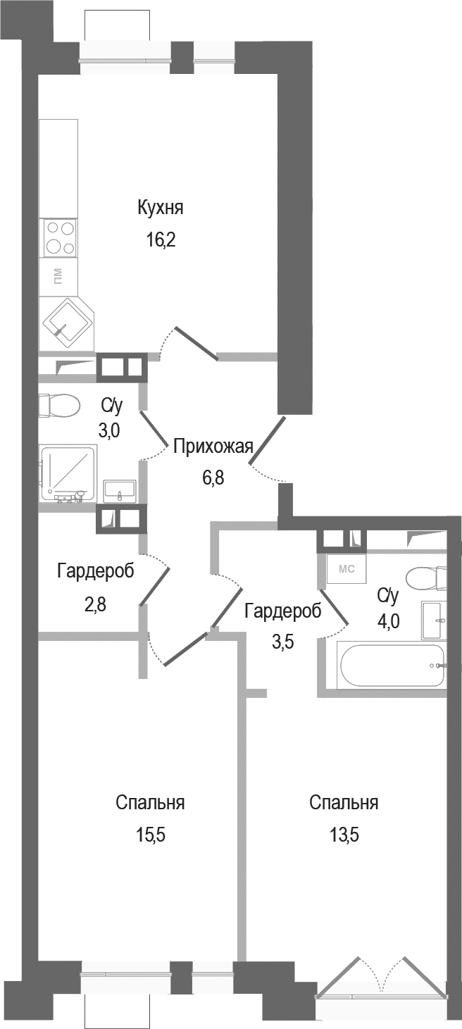 Планировка — Киноквартал, 2-комн., 65 м²