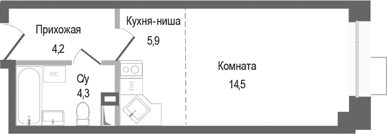 Планировка — Киноквартал, Студия, 29 м²