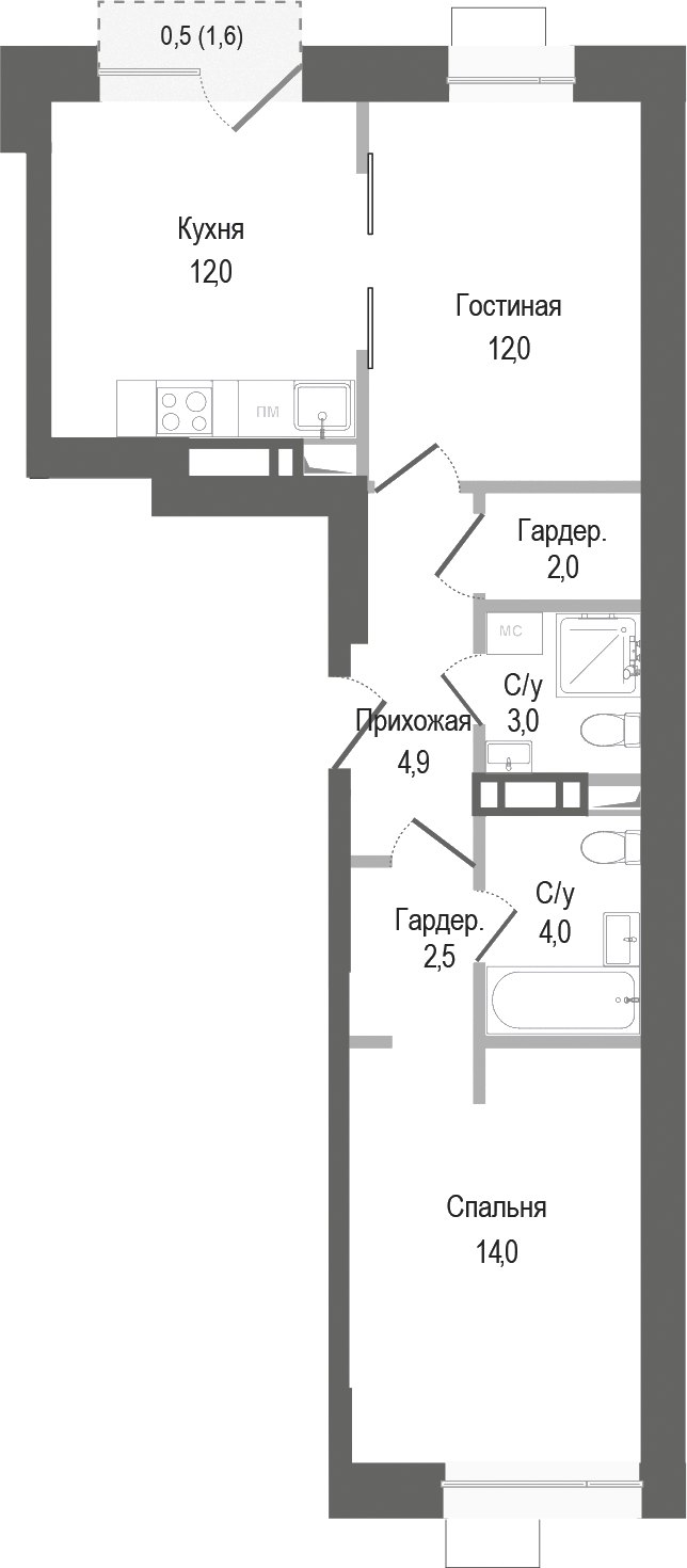 Планировка — Киноквартал, 2-комн., 54 м²