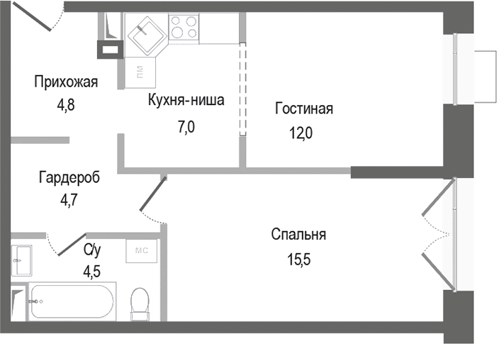 Планировка — Киноквартал, 2-комн., 49 м²