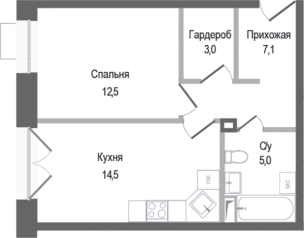 Планировка — Киноквартал, 1-комн., 42 м²