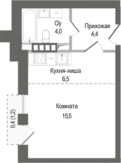 Планировка — Киноквартал, Студия, 30 м²