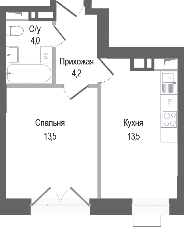 Планировка — Киноквартал, 1-комн., 35 м²