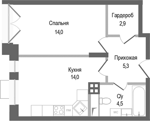 Планировка — Киноквартал, 1-комн., 41 м²