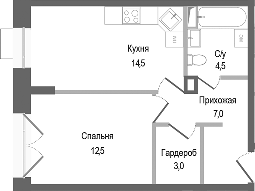 Планировка — Киноквартал, 1-комн., 42 м²