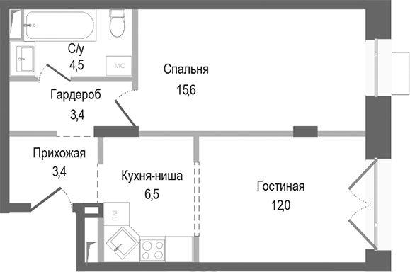 Планировка — Киноквартал, 2-комн., 45 м²