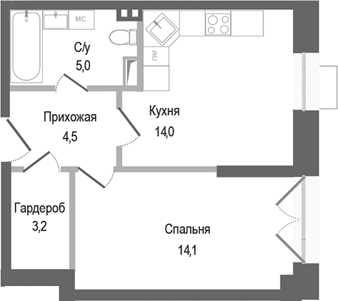 Планировка — Киноквартал, 1-комн., 41 м²
