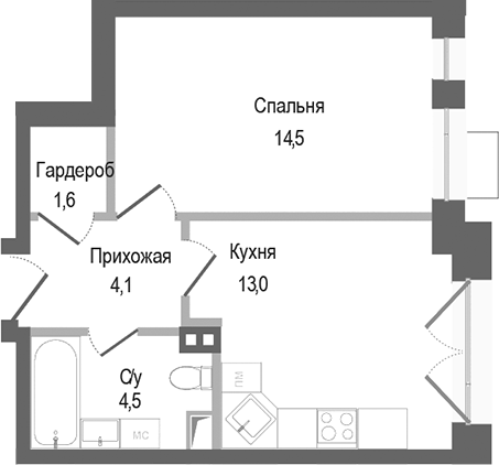 Планировка — Киноквартал, 1-комн., 38 м²
