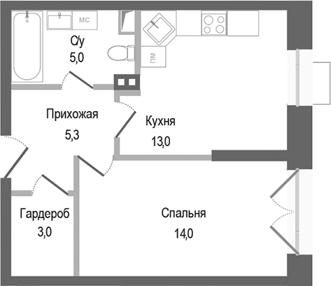 Планировка — Киноквартал, 1-комн., 40 м²