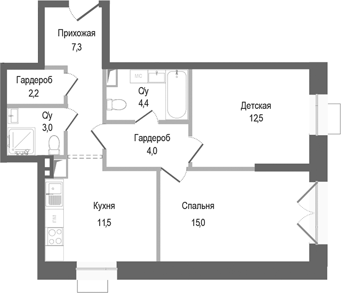 Планировка — Киноквартал, 2-комн., 60 м²