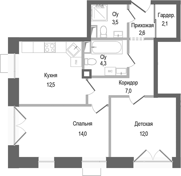 Планировка — Киноквартал, 2-комн., 58 м²