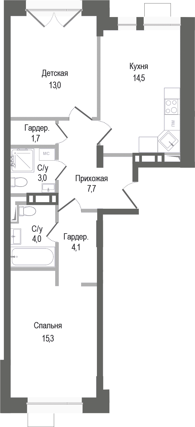 Планировка — Киноквартал, 2-комн., 63 м²