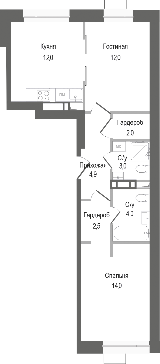 Планировка — Киноквартал, 2-комн., 54 м²