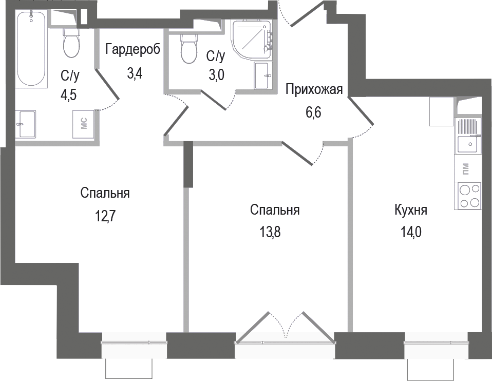 Планировка — Киноквартал, 2-комн., 58 м²
