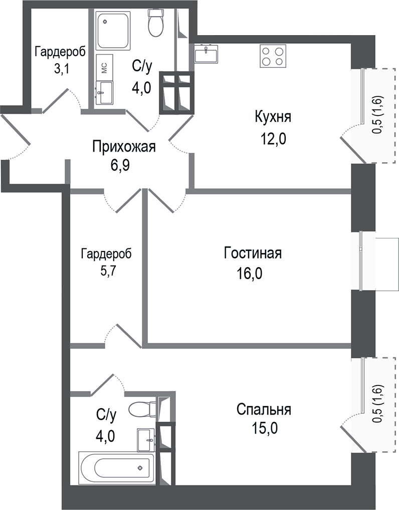 Планировка — Киноквартал, 2-комн., 67 м²