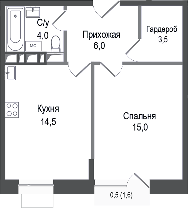 Планировка — Киноквартал, 1-комн., 43 м²