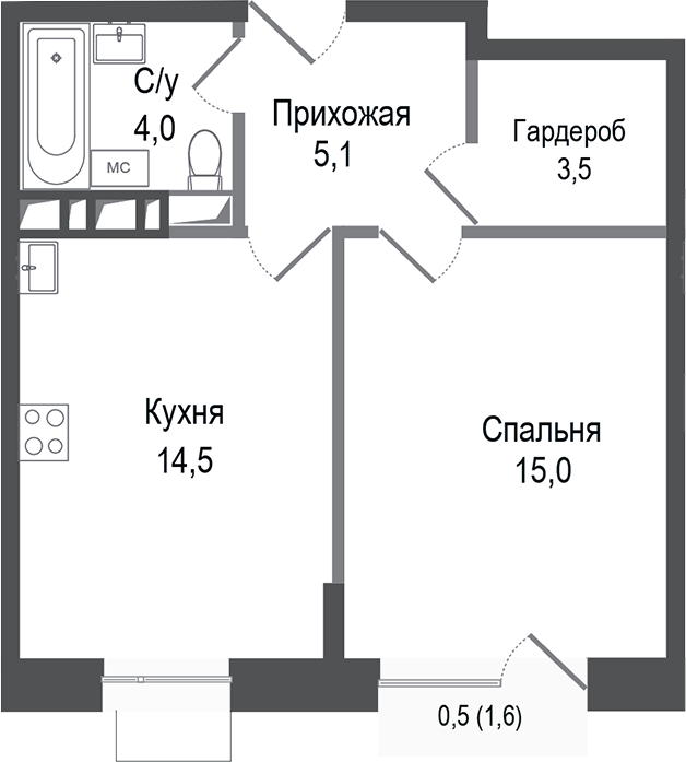 Планировка — Киноквартал, 1-комн., 42 м²