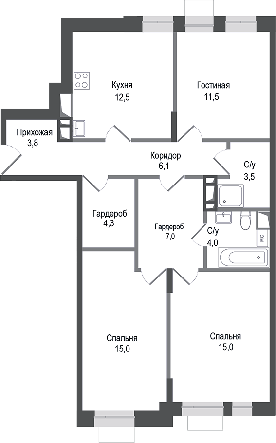 Планировка — Киноквартал, 3-комн., 83 м²
