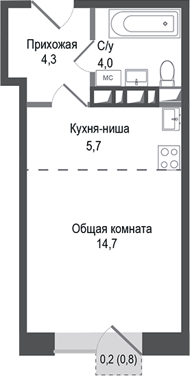 Планировка — Киноквартал, Студия, 29 м²
