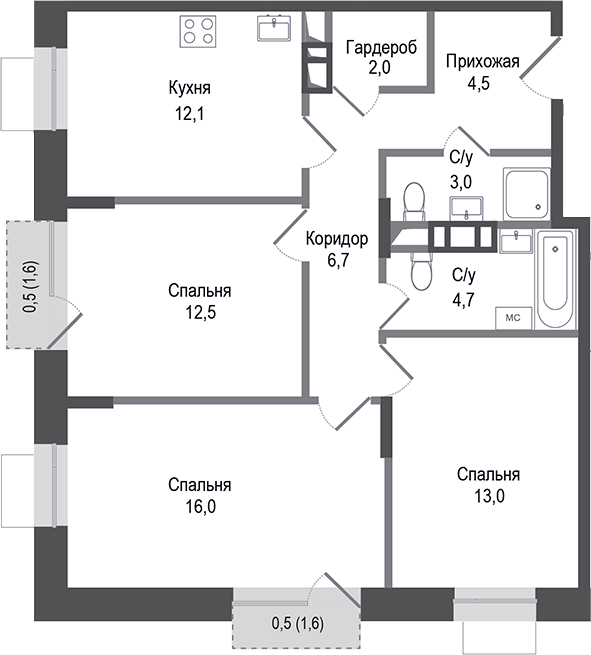 Планировка — Киноквартал, 3-комн., 75 м²