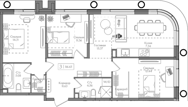 Планировка — Преображенская площадь, 4-комн., 87 м²