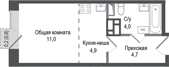 Планировка — Киноквартал, Студия, 25 м²