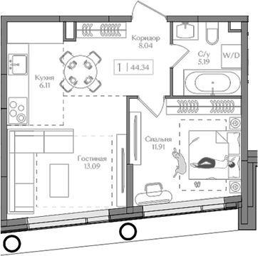 Планировка — Преображенская площадь, 2-комн., 44 м²