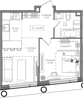Планировка — Преображенская площадь, 2-комн., 46 м²
