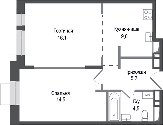 Планировка — Киноквартал, 2-комн., 49 м²